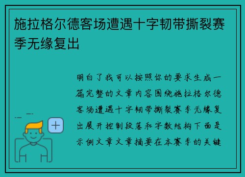 施拉格尔德客场遭遇十字韧带撕裂赛季无缘复出