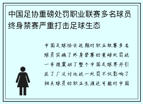 中国足协重磅处罚职业联赛多名球员终身禁赛严重打击足球生态 中国足协重磅处罚职业联赛多名球员终身禁赛严重打击足球生态